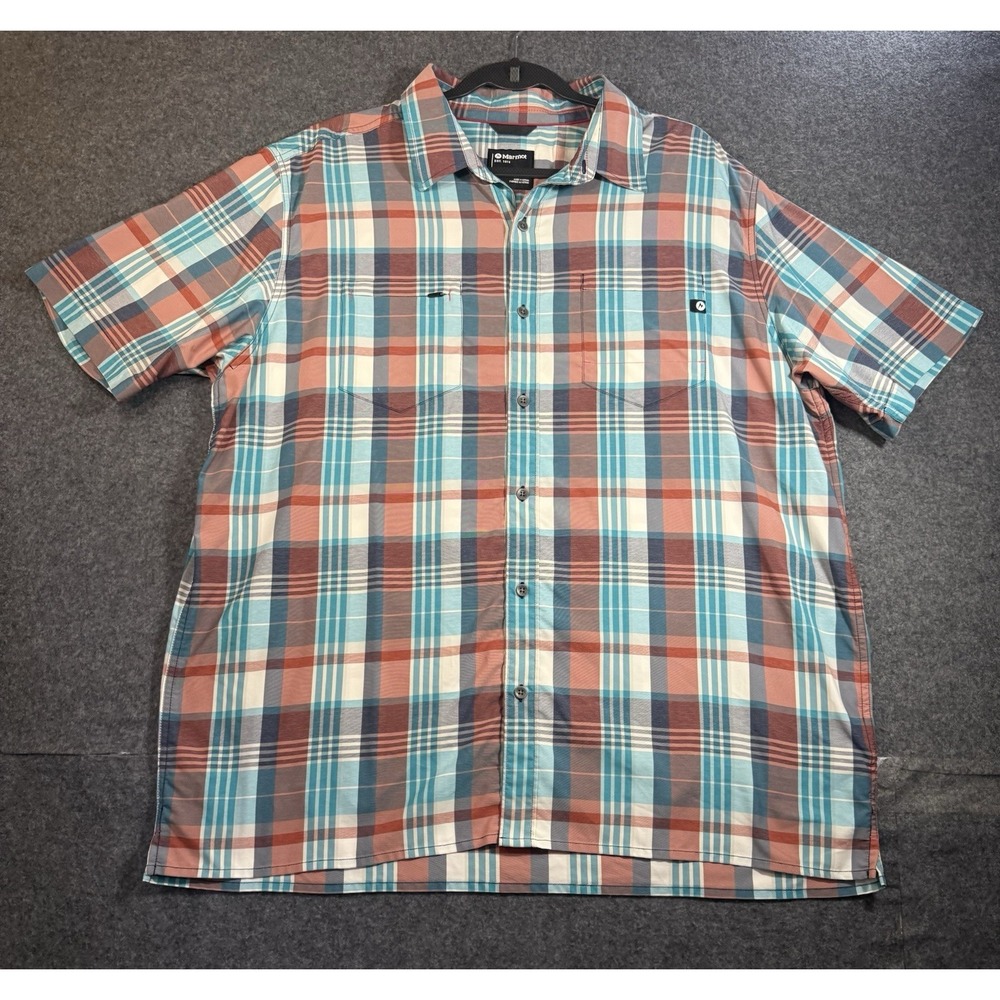 Marmot Syrocco‎ Short Sleeve Shirt Mens XXL Whiskey Brown Plaid Hiking Outdoors